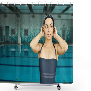 Personality  A Stylish Young Woman In A Swimsuit Stands Gracefully At The Edge Of A Sparkling Swimming Pool. Shower Curtains