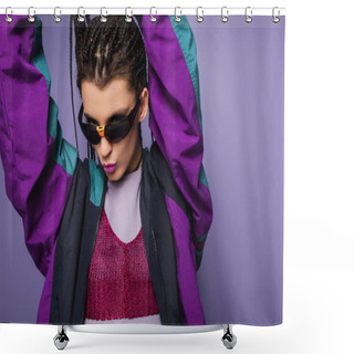 Personality  Brunette Woman In Nineties Style Attire Pouting Lips Isolated On Purple Shower Curtains