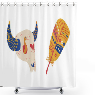 Personality  Grid 28Tribal Ethnic Elements With Feather And Bull Skull Vector Set Shower Curtains