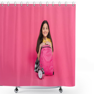 Personality  Cheerful Brunette Schoolgirl Sitting With Backpack Near Vintage Alarm Clock On Pink Background Shower Curtains