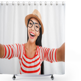 Personality  Happy Young Woman Making Selfie Shower Curtains