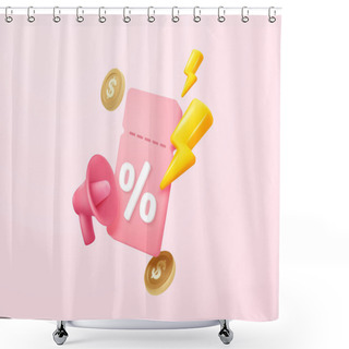 Personality  3D Coupon Icon With Megaphone Speaker For Sales And Shopping Online, Discount Coupon Of Cash. Flash Lightning On Time Alert Notice Special Offer Promotion. 3d Price Tag Icon Vector Render Illustration Shower Curtains