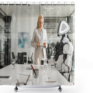 Personality  Attractive Businesswoman Using Digital Tablet While Standing Near Robot In Meeting Room Shower Curtains
