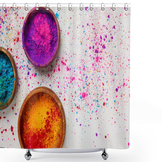 Personality  Top View Of Colorful Holi Powder In Bowls Isolated On White, Traditional Hindu Spring Festival Shower Curtains