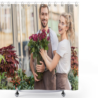 Personality  Smiling Florists Holding Burgundy Roses Near Flower Shop And Looking At Camera Shower Curtains