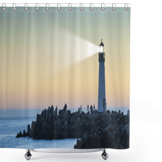 Personality  Lighthouse With Light Beam At Sunset Shower Curtains