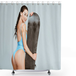 Personality  Back View Of Sexy Snowboarder In Blue Swimwear Posing With Snowboard Isolated On Grey  Shower Curtains
