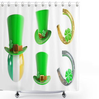 Personality  Set St. Patrick's Day Green Hat, Horseshoe 3D Illustration On A White Background Shower Curtains