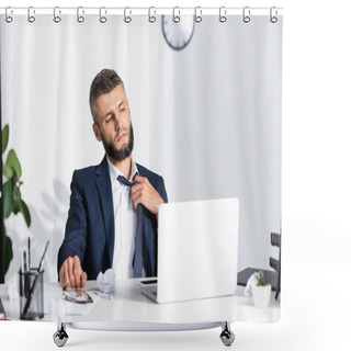 Personality  Businessman Touching Tie While Suffering From Heat Near Gadgets And Stationery On Blurred Foreground  Shower Curtains