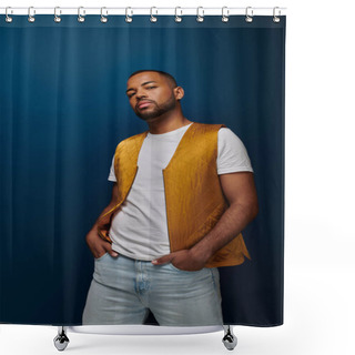 Personality  African American Man Posing On Dark Blue Backdrop With Hands In Jeans Pockets, Fashion Concept Shower Curtains