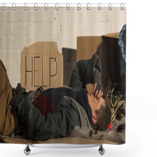 Personality  Homeless Misery Man Lying On Cardboard, With 