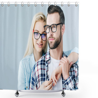 Personality  Beautiful Girl In Glasses Embracing Man Isolated On Grey Shower Curtains