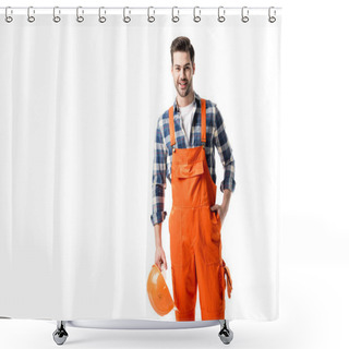 Personality  Smiling Handyman In Orange Overall Holding Hard Hat Isolated On White Shower Curtains