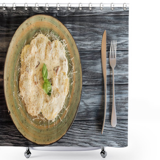 Personality  Top View Of Gourmet Italian Ravioli With Ricotta On Plate And Fork With Knife On Wooden Table   Shower Curtains