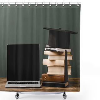 Personality  Books, Notebooks, Academic Cap And Laptop With Blank Screen On Wooden Surface Isolated On Grey Shower Curtains