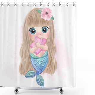 Personality  Cute Little Mermaid Hugging A Starfish Shower Curtains