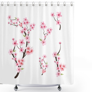 Personality  Watercolor Cherry Blossom Vector. Cherry Blossom Flower Blooming Vector. Pink Sakura Flower Background. Cherry Blossom Branch With Sakura Flower. Sakura On White Background. Watercolor Cherry Bud. Shower Curtains