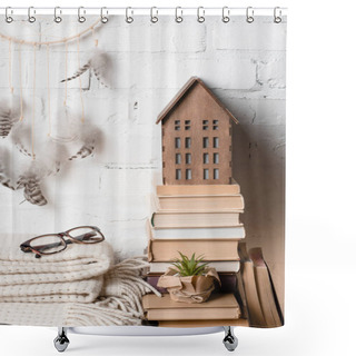 Personality  Books, Dream Catcher, Eyeglasses And Decorative Wooden House Near White Brick Wall  Shower Curtains