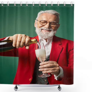 Personality  Cheerful Elegant Santa Claus Pouring Champagne Into Flute Glass And Smiling Happily, Winter Concept Shower Curtains