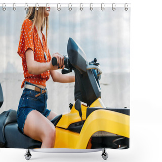 Personality  Cropped Shot Of Young Woman Sitting On All-terrain Vehicle Shower Curtains