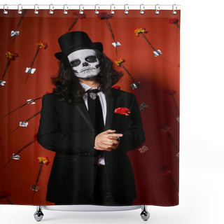 Personality  Man In Skull Makeup And Festive Attire Looking At Camera On Red Floral Backdrop, Dia De Los Muertos Shower Curtains
