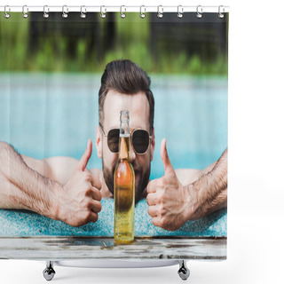 Personality  Bearded Man In Sunglasses Showing Thumbs Up Near Bottle With Beer  Shower Curtains