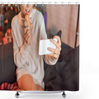 Personality  Cropped View Of Young Woman Sitting On Couch, Posing With Gingerbread Cookie And Taking Selfie On Smartphone At Christmas Time Shower Curtains