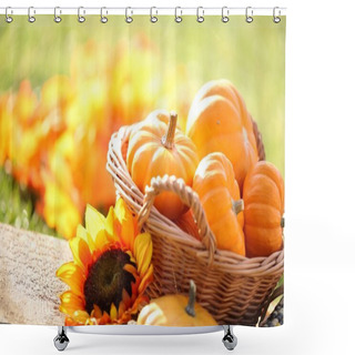 Personality  Pumpkins In Basket And Decorative Corns. Shower Curtains