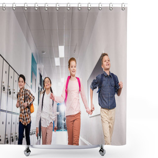 Personality  Four Excited Pupils With Backpacks Running Corridor After Lessons Shower Curtains