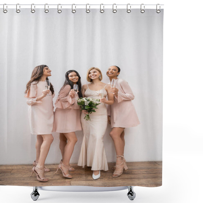 Personality  Joy, Blonde Bride In Wedding Dress Holding Bouquet, Standing With Interracial Bridesmaids, Champagne Glasses, Grey Background, Racial Diversity, Fashion, Multicultural Young Women  Shower Curtains