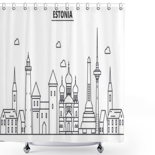 Personality  Estonia, Talinn Architecture Line Skyline Illustration. Linear Vector Cityscape With Famous Landmarks, City Sights, Design Icons. Landscape Wtih Editable Strokes Shower Curtains