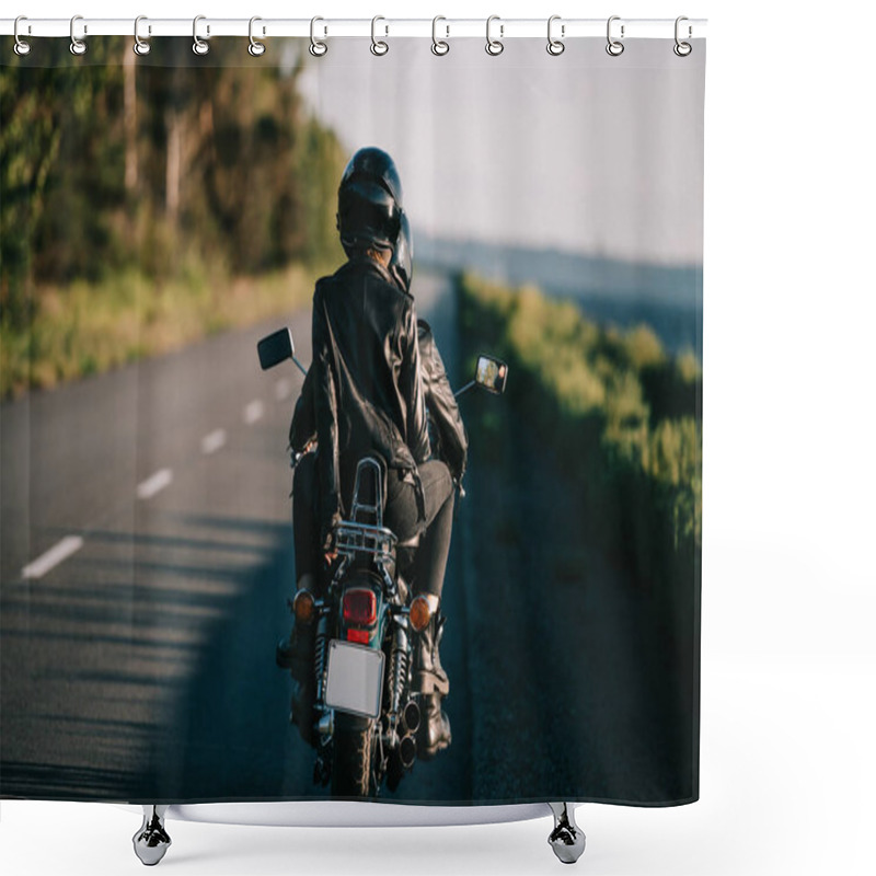 Personality  rear view of couple in helmets riding chopper motorbike on country road shower curtains
