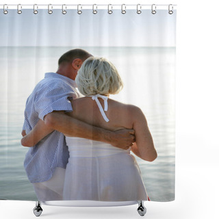 Personality  Older Couple Walking Along A Beach Shower Curtains