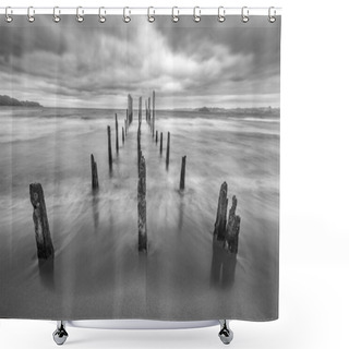 Personality  Like A Highway To Hell An Old Pier Inside The Lake Waters Under A Dramatic Overcast Sky And High Winds. The Old Wooden Poles Still Fight Against The Elements Under Bad Weather. Awe Dramatic Landscape Shower Curtains
