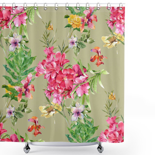 Personality  Watercolor Painting Of Leaf And Flowers, Seamless Pattern Illustration Shower Curtains