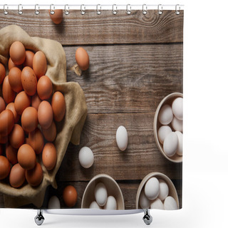 Personality   Top View Of Chicken Eggs In Bowls On Wooden Table With Cloth Shower Curtains