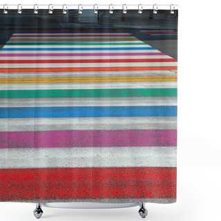 Personality  Pedestrian Crossing With Many Colors On The Asphalted Road Shower Curtains