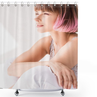 Personality  Woman Sitting On Floor And Squinting Eyes Shower Curtains
