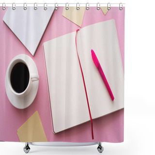 Personality  Top View Of Pen On Open Notebook Near Cup Of Coffee And Paper Notes On Pink  Shower Curtains