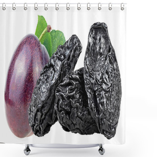 Personality  Fresh Plum And Prunes With Green Leaves Isolated On A White Background. Healthy Food. Shower Curtains