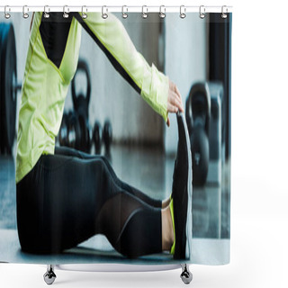 Personality  Panoramic Shot Of Young Woman Stretching On Fitness Mat In Gym  Shower Curtains