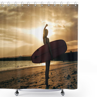 Personality  Silhouette Of Female Surfer Posing With Surfboard At Sunset With Backlit Shower Curtains