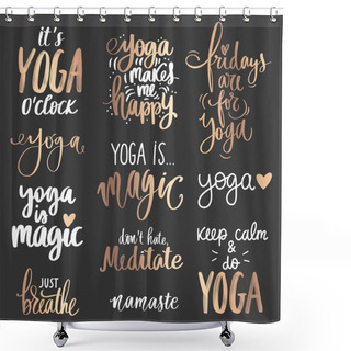 Personality  Yoga Golden Quotes Collection On Dark Background. Slogan Set About Calm, Breath, Meditation. Shower Curtains