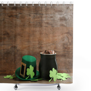 Personality  Pot Of Gold Coins, Hat And Clover Leaves On Wooden Table, Space For Text. St. Patrick's Day Celebration Shower Curtains