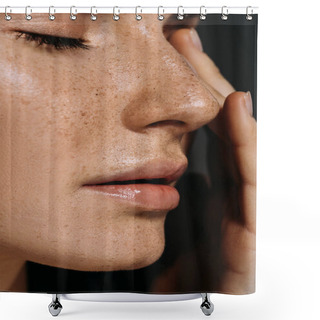 Personality  Close Up View Of Tender Woman With Freckles On Face Isolated On Grey Shower Curtains