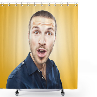Personality  Portrait Of A Young Beautiful Man Surprised Face Expression Shower Curtains