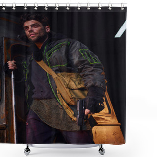 Personality  Unshaven Man With Scratched Face Standing With Canvas Bag And Gun In Dangerous Post-disaster Subway Shower Curtains