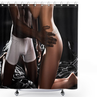Personality  Cropped View Of Multiethnic Seductive Couple Hugging On Bed In Dark Shower Curtains