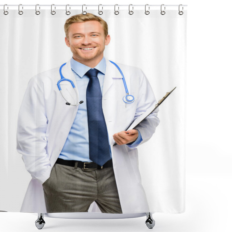 Personality  Portrait Of Confident Young Doctor On White Background Shower Curtains
