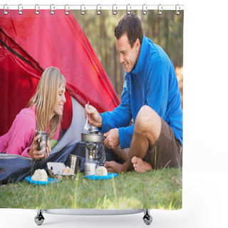 Personality  Happy Couple Cooking Breakfast  Shower Curtains